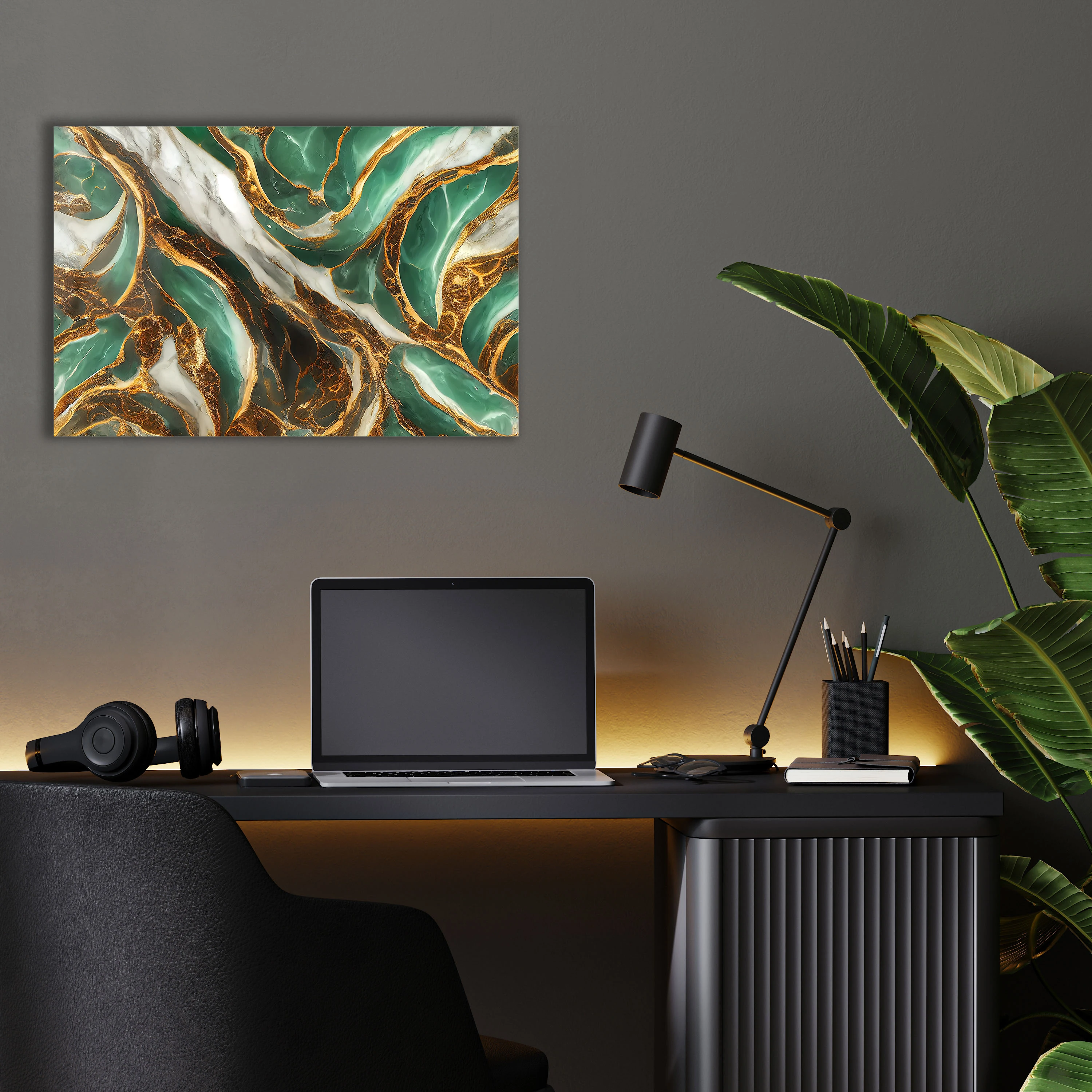 Su Yeşili ve Altın Mermer Makro Cam Tablo